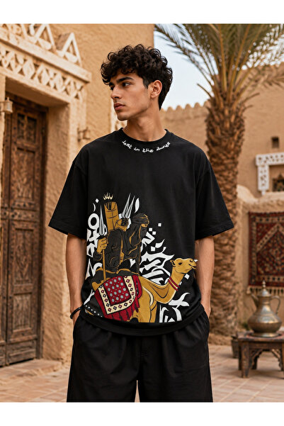 ZAVIXO Arabic Calligraphy Camel and Desert Themed Large Graphic Printed Crew ...