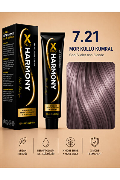 X Pro Harmony Tüp Boya 7.21 Blonde Violet Ash Kumral İrize Küllü Saç Boyası 6...