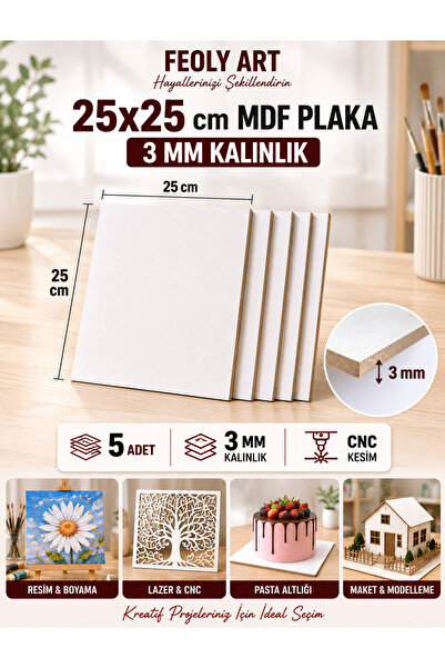 Feoly Art 3 mm 25x25 MDF Plaka (5 ADET) - Pasta Altlığı, Hobi, Maket, Ahşap El Sanatları (5`li Paket)