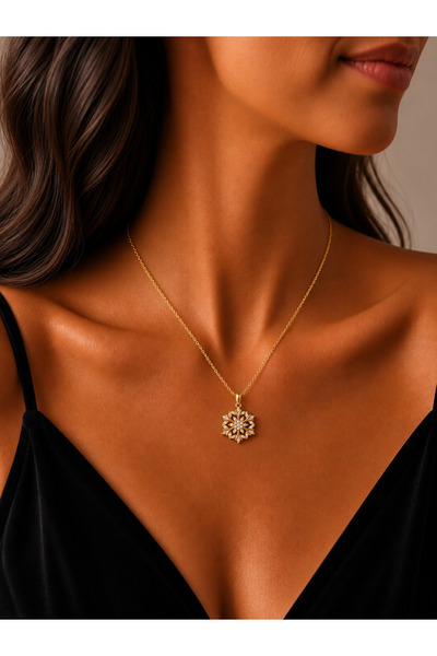 Masios Silver Zirkon Taşlı Gold Renk Işıltılı Kar Tanesi 925 Ayar Gümüş Kolye