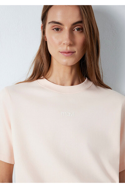 Mavi Logo-bedrucktes Interlock-T-Shirt in Rosa, normale Passform 1612829-71121