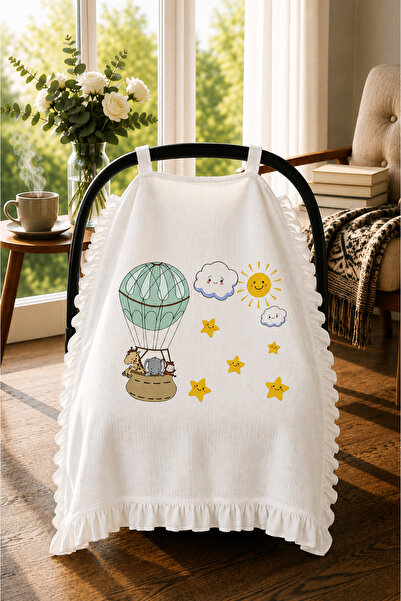 bebeqon 100% Muslin Baby Stroller Cover with Ruffles and Flying Balloon Patte...
