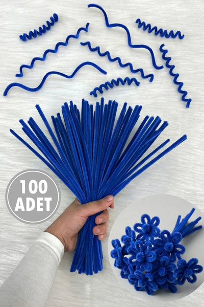 ZEYMERADE Saks Mavi Şönil 30cm, 100 Adet Tüylü Kadife Tel Peluş, El İşi, Çiçe...