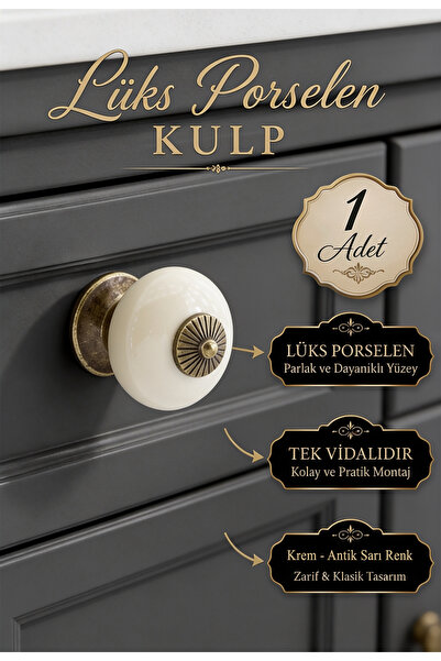 Badem10 (1 Adet) Harmony Porselen Antik Sarı Metal Taban Kulp Mobilya Gardrop...