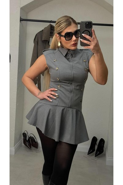 liya butik Gri Düğme Ve Fermuar Detaylı Volanlı Elbise