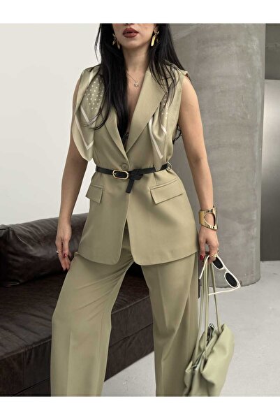 Moda İkra Κομψό σετ γιλέκο-παντελόνι με φουλάρι με σχέδιο στους ώμους και λεπ...