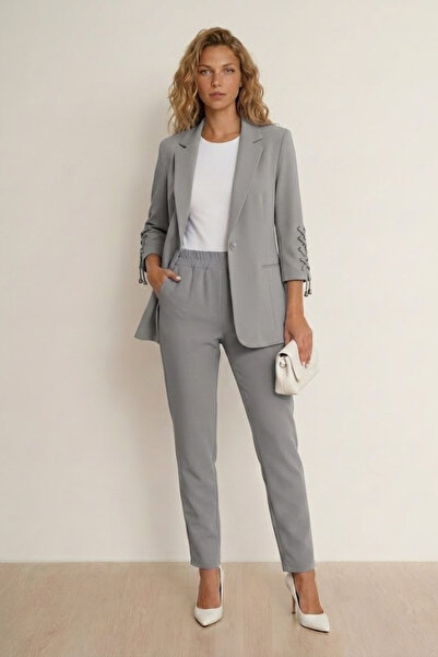WHİTE DİAMOND Women's Gray 3/4 Sleeve Eyelet Detailed Blazer Jacket and Trous...
