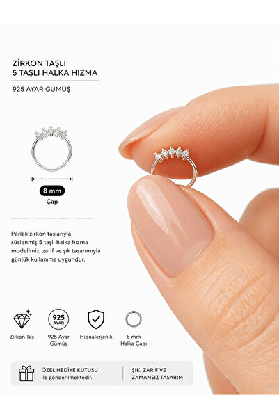Set 925 Ayar Gümüş Sıralı Beş Parlak Zirkon Taşlı Halka Burun Piercing Hızma ...