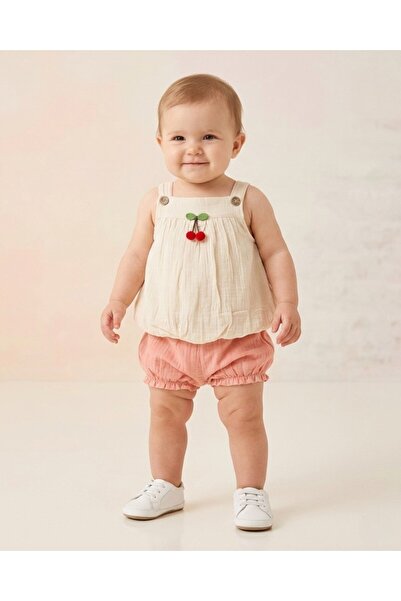 Egelite Baby Girl Cherry Detailed Summer Muslin Set, Muslin Strap Blouse and ...