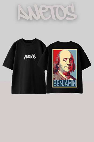 Anetos Μπλουζάκι Benjamin Franklin με στάμπα στην πλάτη, βαμβακερό, μαύρο, ov...