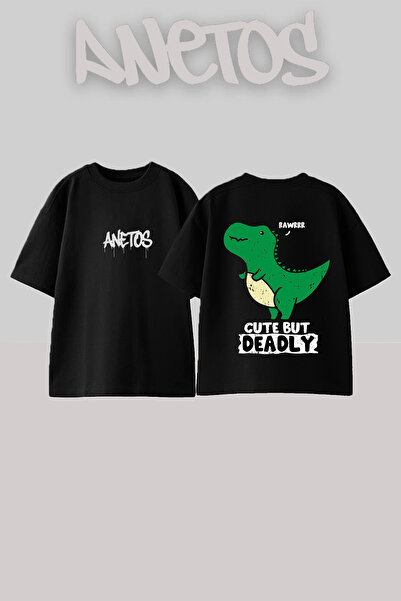 Anetos T-shirt Trex Design με στάμπα στην πλάτη, βαμβακερό, μαύρο, oversize
