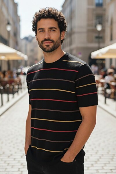 Mandala Tekstil Sıfır Yaka Çizgili Çok Renkli Erkek Triko Tshirt