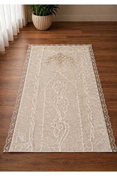 Hig Store Elegance Kadife Fransız Güpürlü Nakışlı Seccade.Bej. 70x110