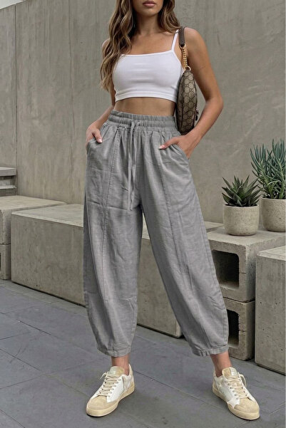 Sun Victoria Γυναικείο γκρι λινό ύφασμα ψηλόμεσο φαρδύ παντελόνι