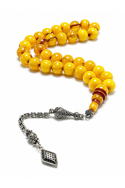 Deniz Elmasları Sıkma Kehribar Tesbih 33’lü – El Yapımı Gümüş Kaplama Püsküll...