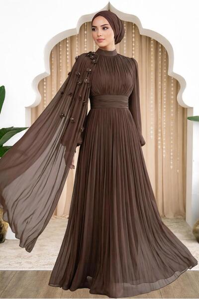 TRENDTESETTÜR KADIN KAHVE PELERİNLİ ŞİFON ABİYE ELBİSE T 6663