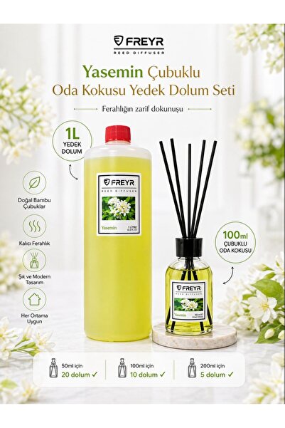 FREYR 100 ml Yasemin Çubuklu Oda Kokusu ve 1 Litre Yedek Dolum Likiti Bambu Ç...