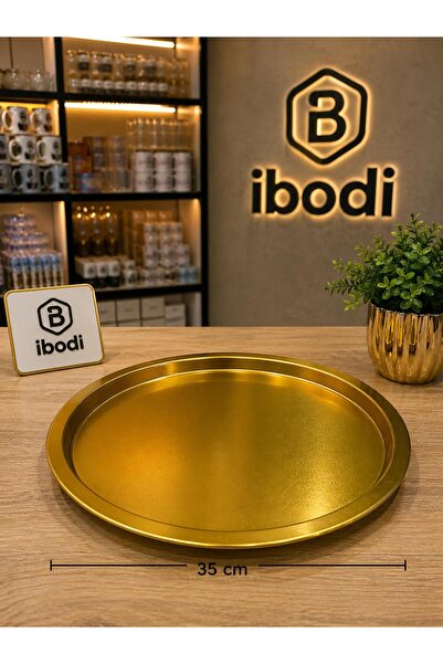 SANAL BOX Gold Yuvarlak Sunum Tepsisi - Şık Dekoratif İkram Tepsisi 35 cm