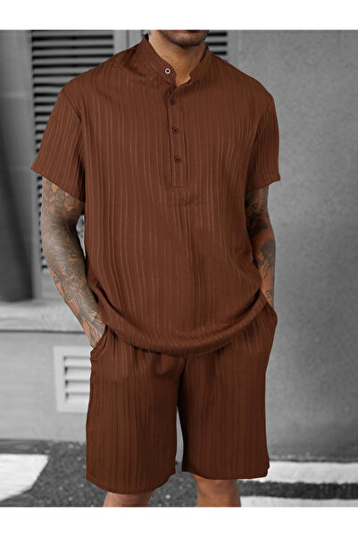 Take Two By Styli Men Brown Textured Stand Collar Short Sleeve Polo T-Shirt a...