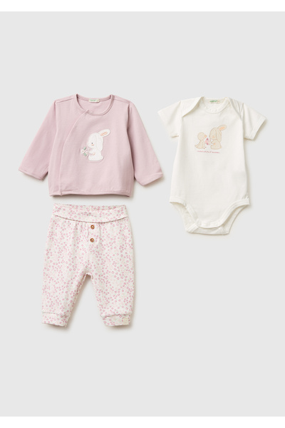 United Colors of Benetton Bebek Gül Kurusu Sweatshirt Body Eşofman Takımı