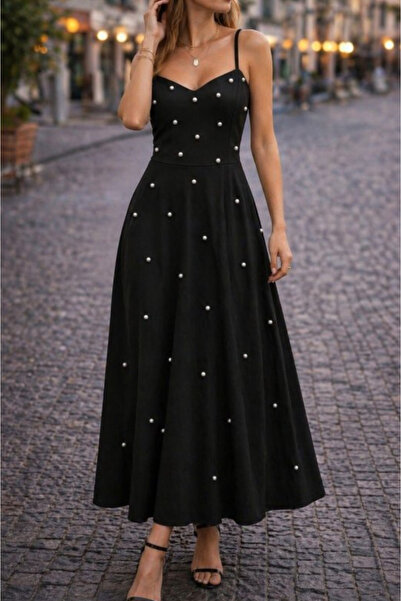 Kokosh moda Women's Pearl Detailed Rope Strap Long Crepe Dress