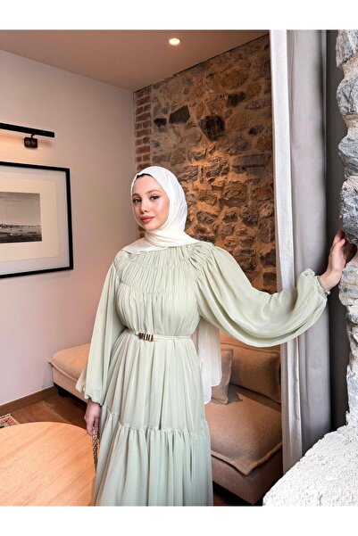 Moda Aydın Butik فستان نسائي من الشيفون بتفاصيل حزام وطبقات متعددة - أخضر