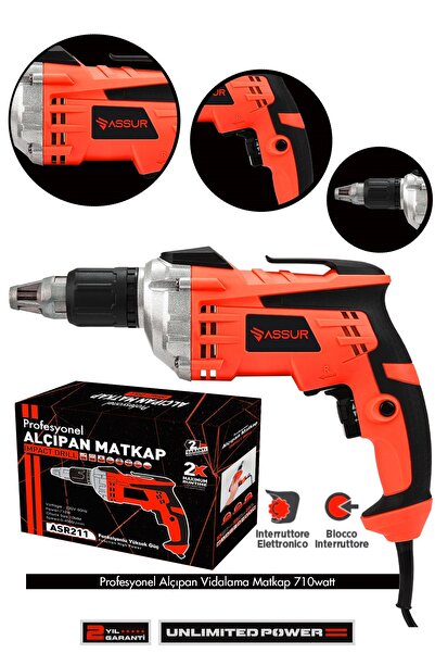ASSUR 710W 90 Nm Darbeli Alçıpan Vida Tabancası Profesyonel Sarı Vidalama Mak...