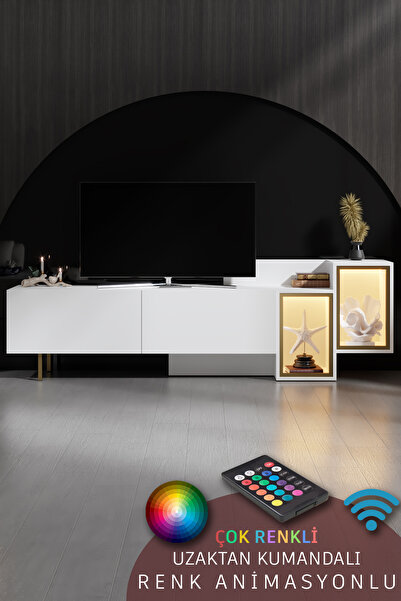 Modatte TENON 213.2 cm TV ÜNİTESİ RGB LED IŞIKLI GOLD DEMİR AYAKLI RAFLI DOLA...