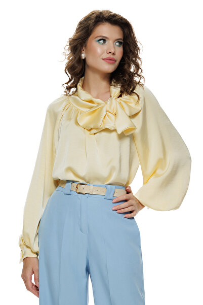 Fofy Bluza dama eleganta satinata galbena cu guler retro si funda