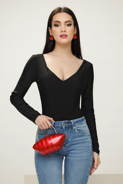 Fofy Elegant low-cut women's bodysuit with rhinestone applications