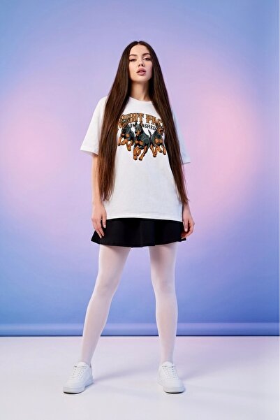 HOXİE Unisex Doberman Night Pack Graphic Printed Oversize White T-Shirt