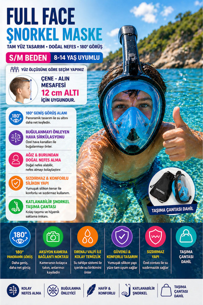 OpenCity Mavi Siyah Full Face Şnorkel Maske S/M Beden 8-14 Yaş Çocuk Tam Yüz ...