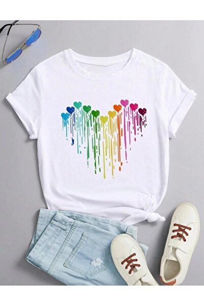Oceanwear Colorful Heart Printed Crew Neck Short Sleeve White Women's Tshirt
