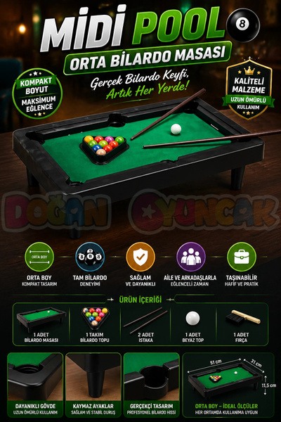 Doğan Oyuncak Dünyası Midi Pool Orta Bilardo Masası - Bilardo Maçı - Bilardo ...