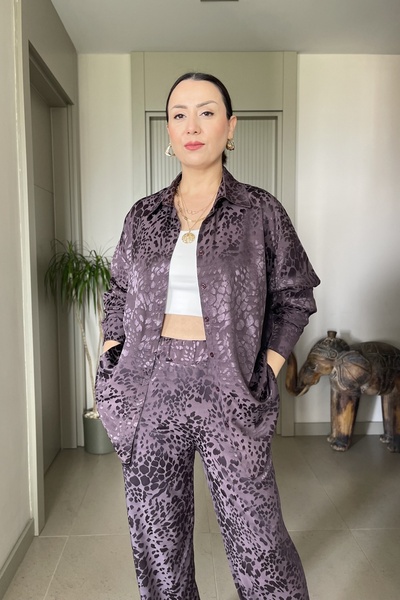 Butik Didem Sakinci Leopard Patterned Satin Shirt Pants Tiril Set