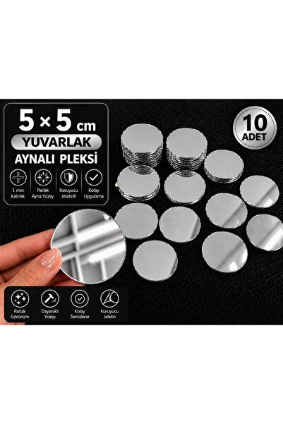 pleksi aksesuar 10 Parça 5x5 cm Aynalı Pleksi Yuvarlak Duvar Sticker Ayna Set...