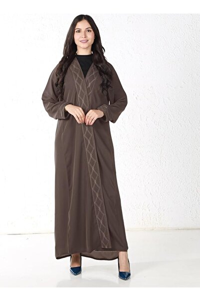 MyesuQ Brown Abaya with White Thread Work on Sleeves and Collar in Brown Tone...