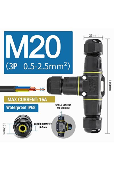 Onuvio Conector în T etanș IP68, M20, 3 poli, secțiune 0.5-2.5 mm², diametru 5-8 mm, montare cu pârghie