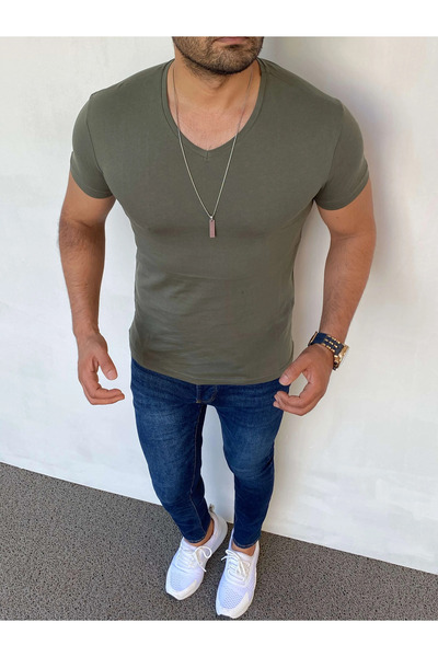 MODEFENDİ Slim Fit Cotton Lycra Basic V-Neck T-Shirt
