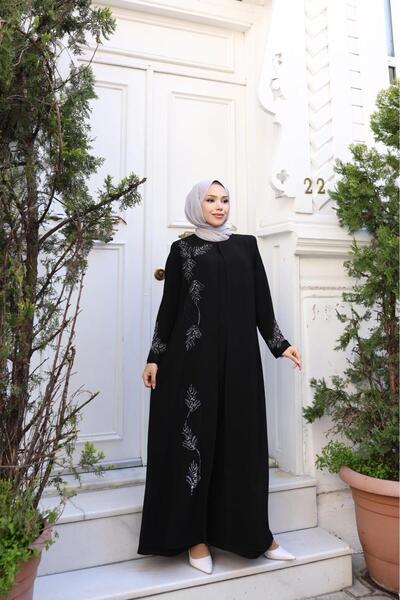 GÖZDE GİYİM Plus Size Leaf Stone Decorated Mother's Dress