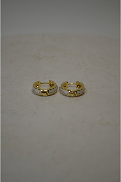 shop White Enamel Leaf Detailed Gold Color Hoop Earrings