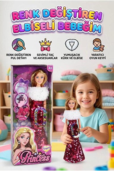 Tıfıl Toys Happy Princess Renk Değiştiren Pullu Elbiseli Oyuncak Bebek - 30 c...