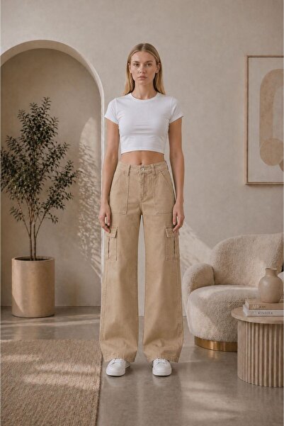 Rosita Kadın Yüksek Bel Full Likralı Kargo Cep Wide Leg Jean