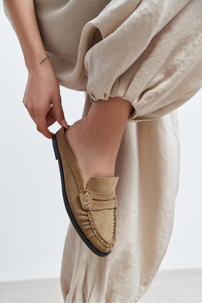 NİŞANTAŞI SHOES Debra Rome Bej Süet Deri Düz Taban Kadın Loafer Terlik