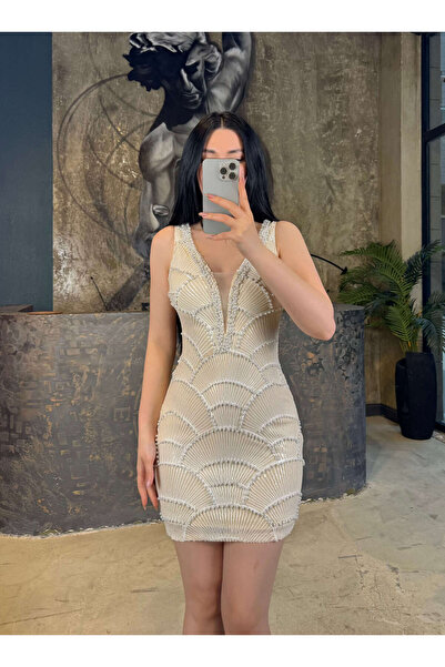 missswans Lady Dekoltesi Boncuk İşlemeli Pul Payet Mini Boy Elbise Taş