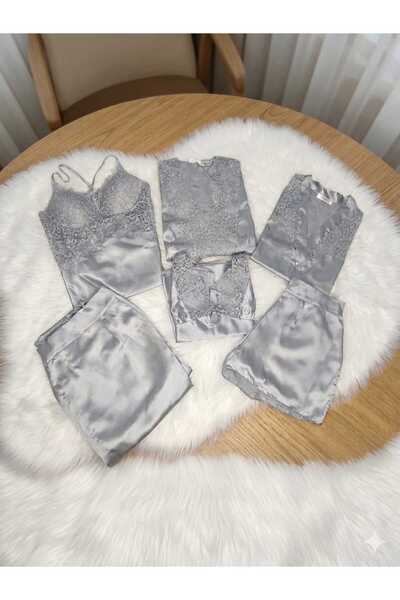 Efsane Saten Gecelik Sabahlık Pijama Takım Şort Takım 6'lı Gelin Çeyiz Seti