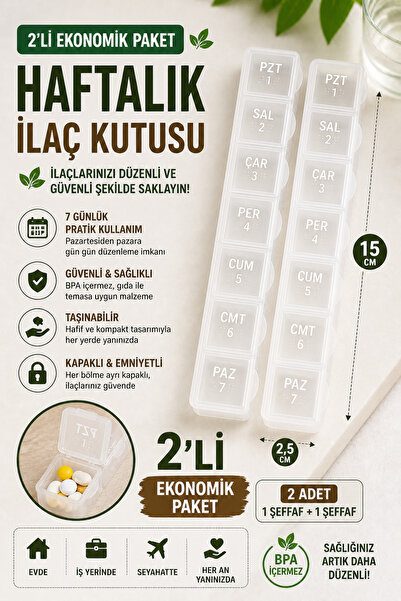 Ayver 2 ADET ŞEFFAF HAFTALIK İLAÇ TAKİP KUTUSU GÜNLER YAZILI SEYAHAT İLAÇ KUTUSU