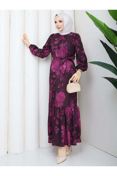 Gülsüm Aydın Patterned Belted Hijab Dress Lotus Pattern