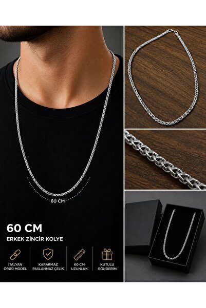 erdore 60 cm Erkek Örgü Zincir Kolye | Premium Çelik Tasarım Kararmaz Gümüş Renk