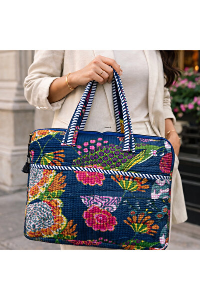 Tohfa Luxe Indigo Bloom Laptop Bag – Quilted Hand Block-Printed Cotton